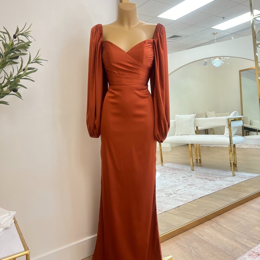 Rust Long-Sleeve Maxi Dress with Sweetheart Neckline